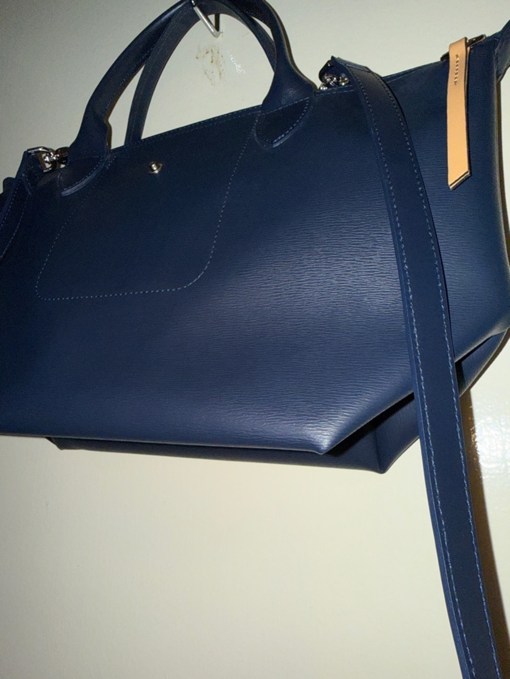 Longchamp Le Pliage City Tote Navy Blue Coated Canvas with Tan Zip Pull - Picture 5 of 5